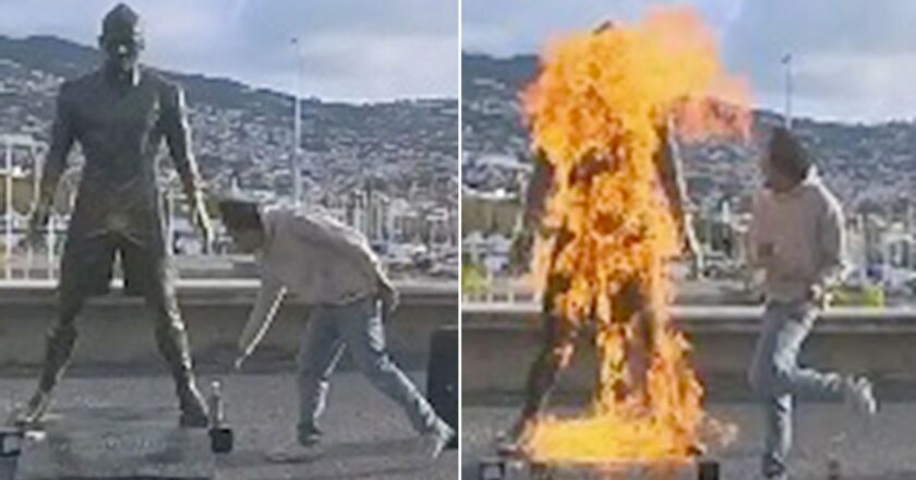 Reaction as Man films himself setting fire to Cristiano Ronaldo’s statue in Portugal {VIDEO}