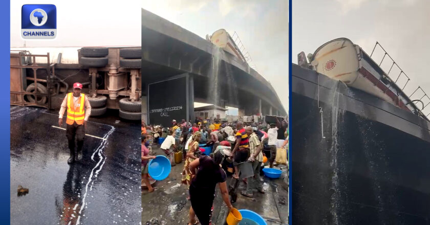 Residents Rush to Collect Fuel After Petrol Tanker Crashes on Tincan Bridge {VIDEO}
