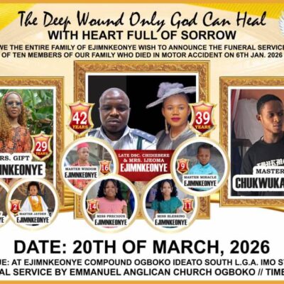 Funeral service of ten family members who d!ed in motor accident set to be held in Imo State