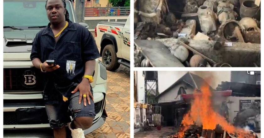 Anambra Govt destroys native doctor, Akwa Okuko’s shrine, burns ritual items after judgement {VIDEO}