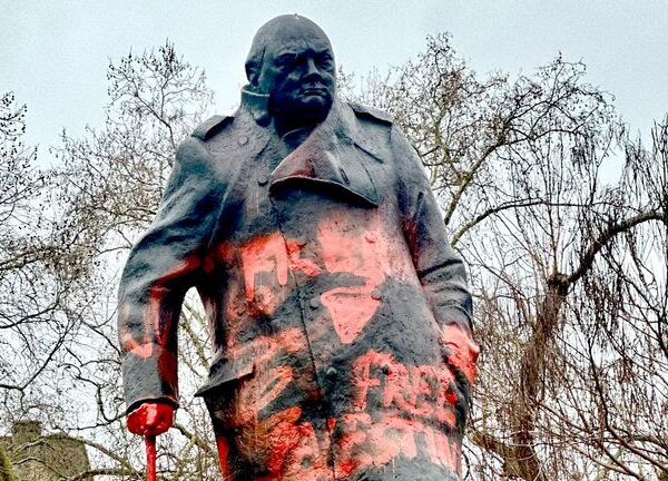 Man, 38, arrested after Winston Churchill statue was defaced with “Free Palestine” Graffiti