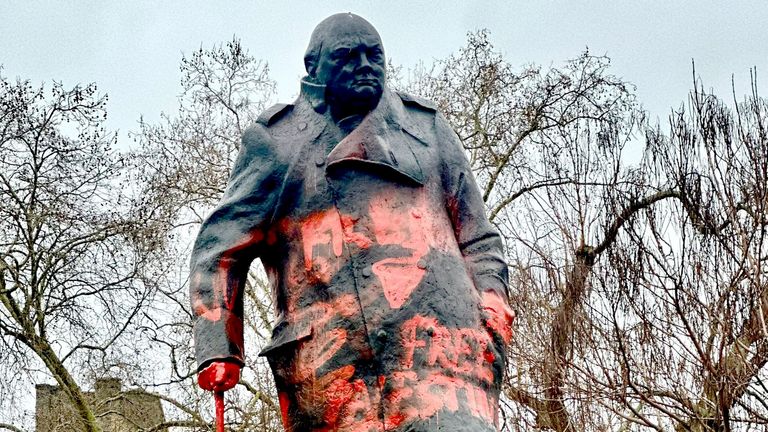 Man, 38, arrested after Winston Churchill statue was defaced with “Free Palestine” Graffiti