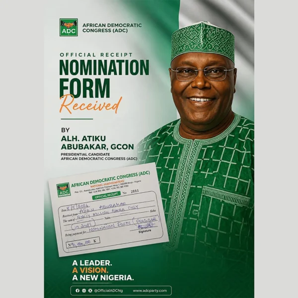 Atiku Receives ADC Presidential Nomination Form Payment Receipt