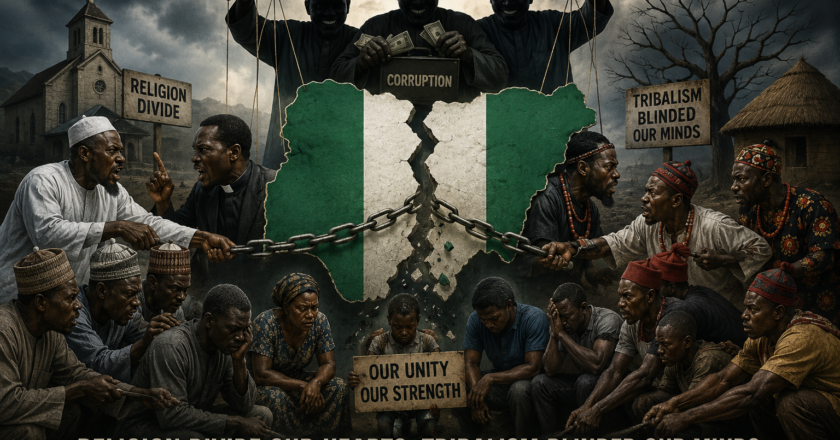 Religion divide, our hearts, tribalism blinded our minds, and together they stole the unity Nigeria needed to rise. By Bartholomew White Ebe