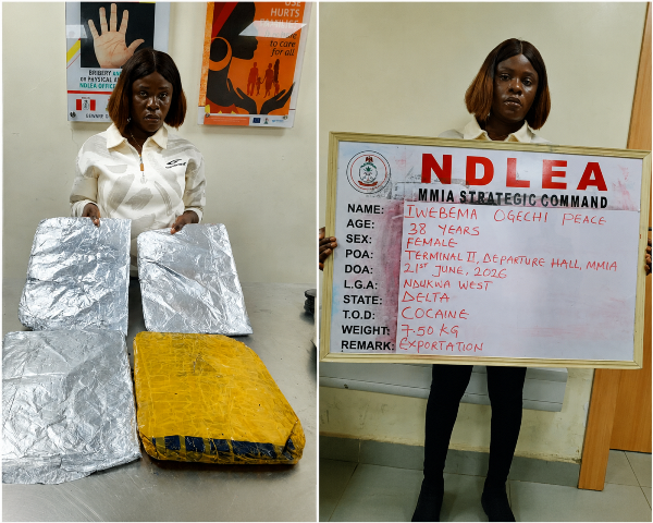 NDLEA nabs China-bound businesswoman with 7.5kg Cocaine, seizes ₦12.3bn Cannabis