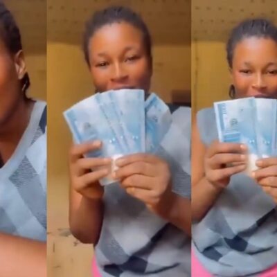 “APC for life, ₦15,000 per vote” — Woman displays fresh naira notes allegedly received from APC members. {VIDEO}