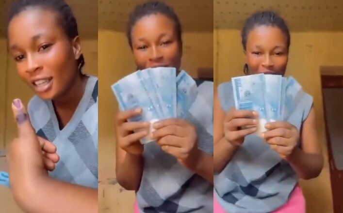“APC for life, ₦15,000 per vote” — Woman displays fresh naira notes allegedly received from APC members. {VIDEO}